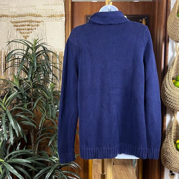 Lilly Pulitzer Navy Cotton Fisherman Sweater L Silver Toggle Shawl Collar Preppy - Picture 2 of 10